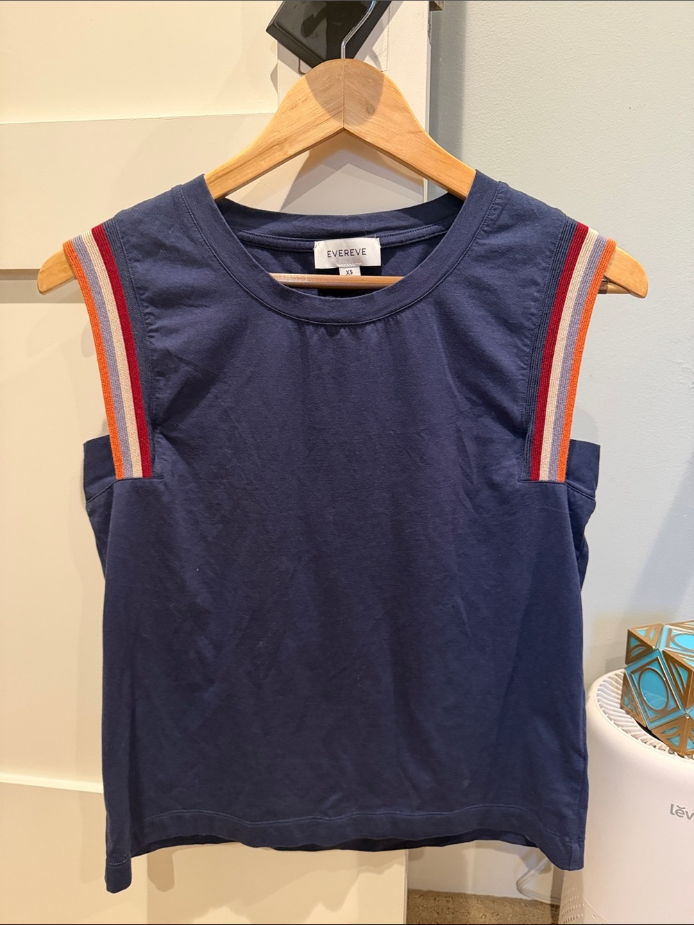 Evereve Navy Tank with Red-Orange Stripe Shoulders